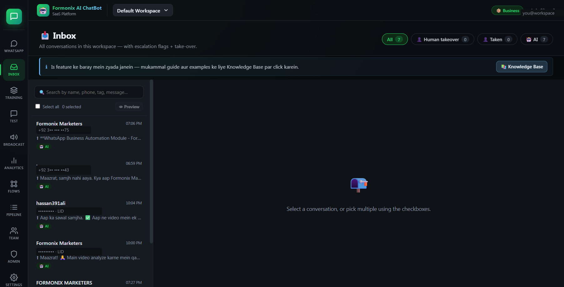 Formonix AI ChatBot — Inbox screen